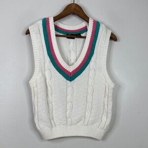 Vintage Sweater Vest Womens Small White Pink Green Cotton Cable Knit Cricket